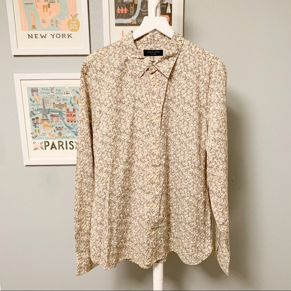 NWOT All Saints Print Pattern Shirt, Cream, XXL